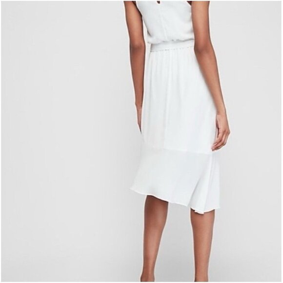 Express High Neck Asymmetrical Ruffle Wrap Fit And Flare Dress White Size Medium - Picture 4 of 8